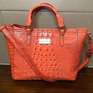 BRAHMIN Croc Embossed Leather Rolled Top Handle Tangerine Satchel Shoulder Bag